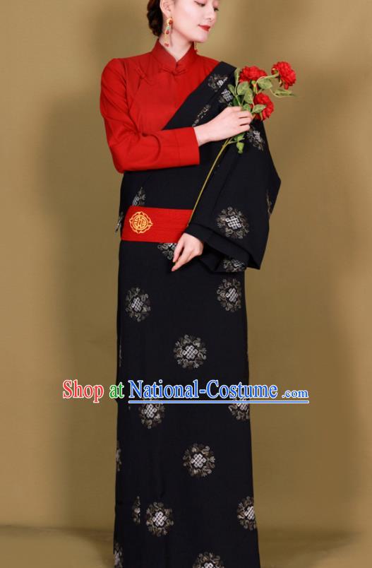 Traditional Chinese Zang Ethnic Black Guozhuang Dress Tibetan Minority Folk Dance Costume for Women