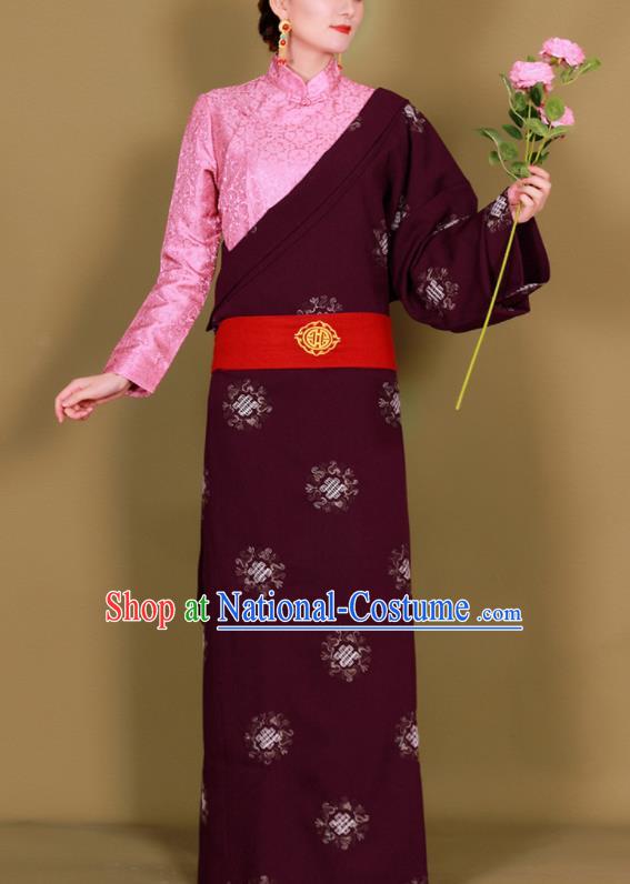 Traditional Chinese Zang Ethnic Purplish Red Guozhuang Dress Tibetan Minority Folk Dance Costume for Women