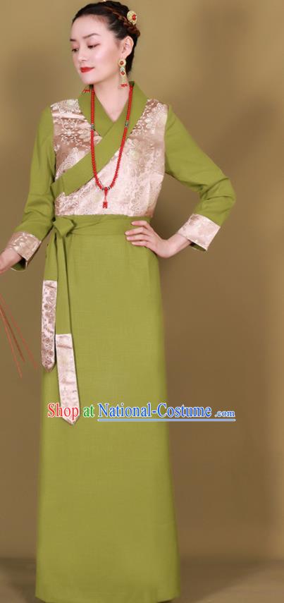 Traditional Chinese Zang Ethnic Kangba Green Dress Tibetan Minority Folk Dance Costume for Women