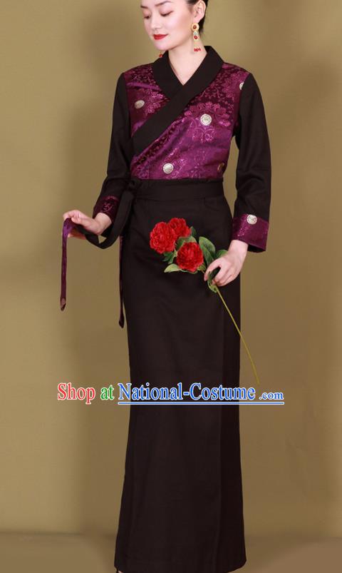 Traditional Chinese Zang Ethnic Kangba Purple Dress Tibetan Minority Folk Dance Costume for Women