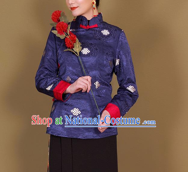 Traditional Chinese Zang Ethnic Royalblue Shirt Tibetan Minority Upper Outer Garment Costume for Women