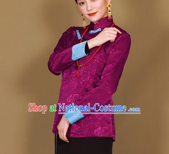 Traditional Chinese Zang Ethnic Purple Shirt Tibetan Minority Upper Outer Garment Costume for Women