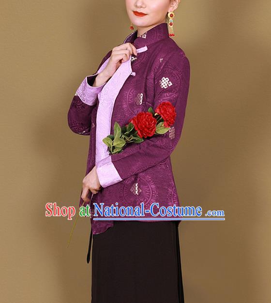 Traditional Chinese Zang Ethnic Deep Purple Shirt Tibetan Minority Upper Outer Garment Costume for Women