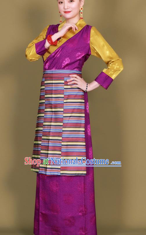 Traditional Chinese Zang Ethnic Kangba Purple Silk Dress Tibetan Minority Folk Dance Costume for Women