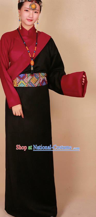 Traditional Chinese Zang Ethnic Guozhuang Black Robe Tibetan Minority Folk Dance Costume for Women