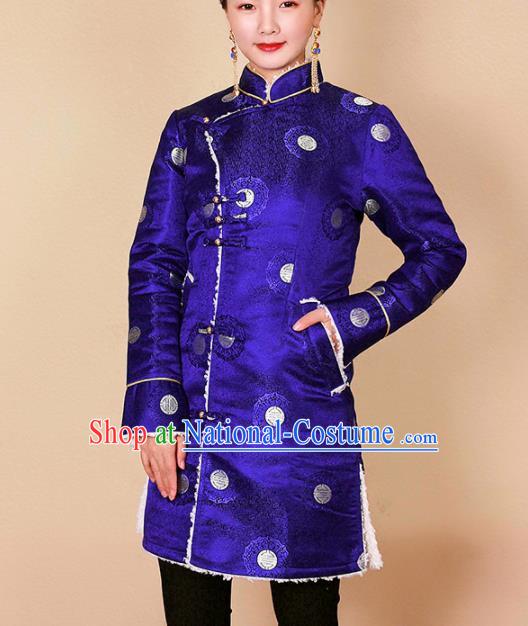 Traditional Chinese Zang Ethnic Royalblue Cotton Padded Jacket Tibetan Minority Upper Outer Garment Winter Costume for Women