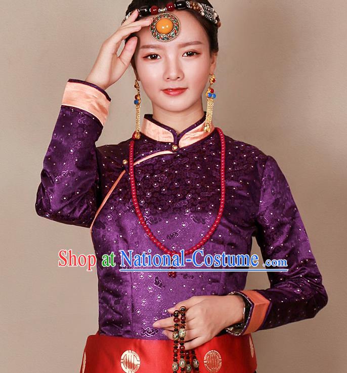 Traditional Chinese Zang Ethnic Purple Blouse Tibetan Minority Upper Outer Garment Costume for Women