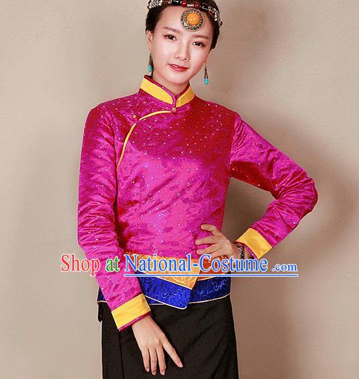 Traditional Chinese Zang Ethnic Rosy Blouse Tibetan Minority Upper Outer Garment Costume for Women