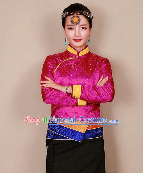 Traditional Chinese Zang Ethnic Rosy Blouse Tibetan Minority Upper Outer Garment Costume for Women