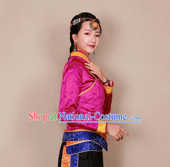 Traditional Chinese Zang Ethnic Rosy Blouse Tibetan Minority Upper Outer Garment Costume for Women