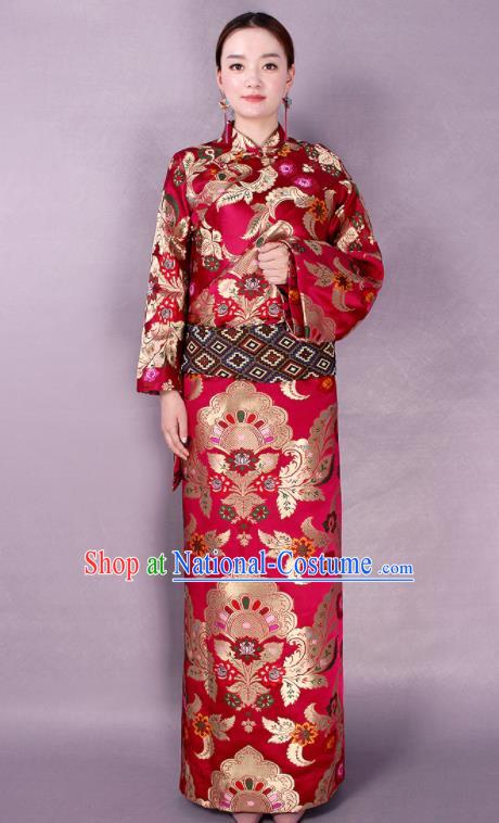 Traditional Chinese Zang Ethnic Folk Dance Red Robe Tibetan Minority Wedding Costume for Women