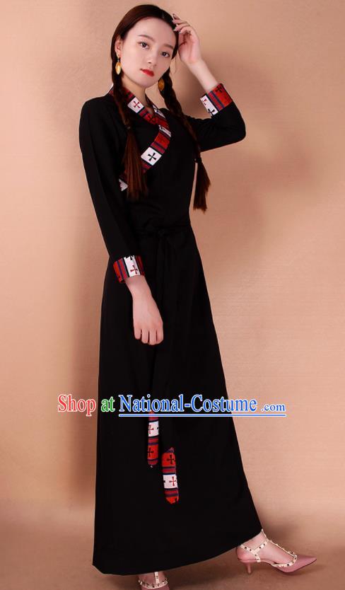 Traditional Chinese Zang Ethnic Black Dress Tibetan Minority Folk Dance Costume for Women