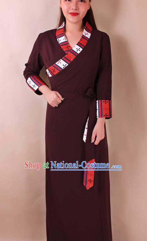 Traditional Chinese Zang Ethnic Purplish Red Dress Tibetan Minority Folk Dance Costume for Women