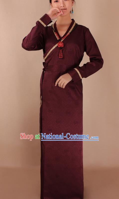 Traditional Chinese Zang Ethnic Dark Red Dress Tibetan Minority Folk Dance Costume for Women