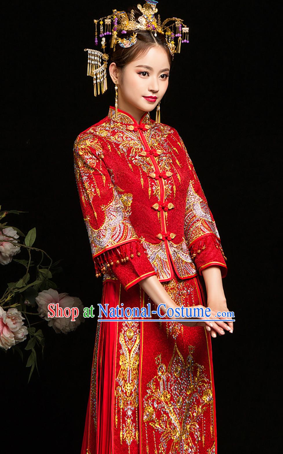 Chinese Classical Embroidered Phoenix Ancient Bride Wedding Dresses for Women