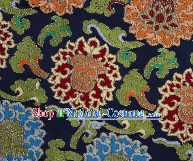 Asian Chinese Traditional Buddhism Auspicious Lotus Pattern Navy Brocade Tibetan Robe Satin Fabric Silk Material