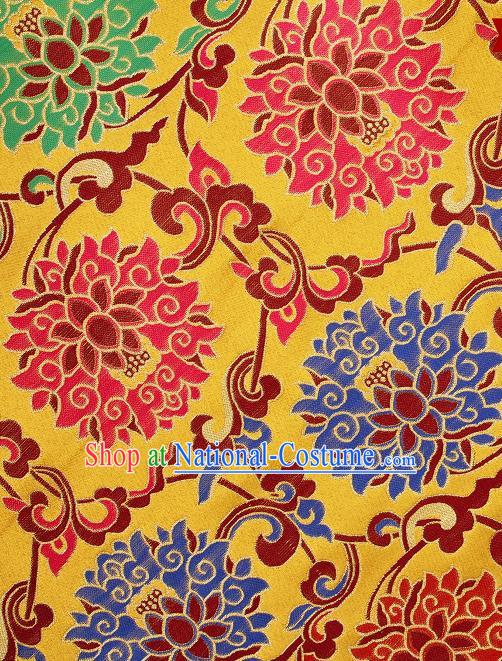 Asian Chinese Traditional Colorful Lotus Pattern Golden Brocade Tibetan Robe Satin Fabric Silk Material