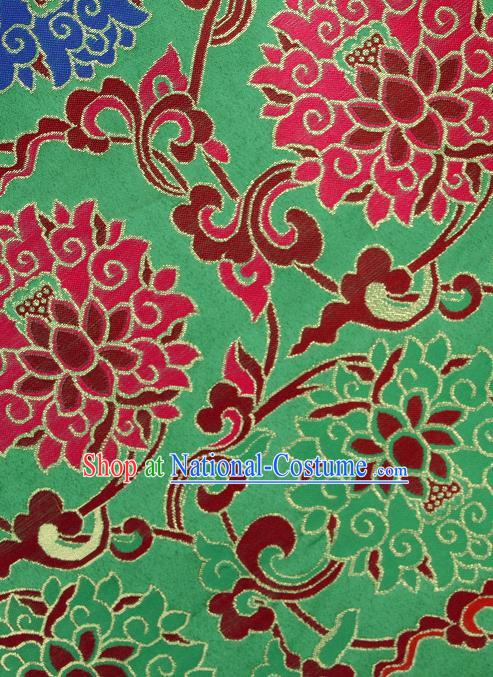 Asian Chinese Traditional Colorful Lotus Pattern Green Brocade Tibetan Robe Satin Fabric Silk Material