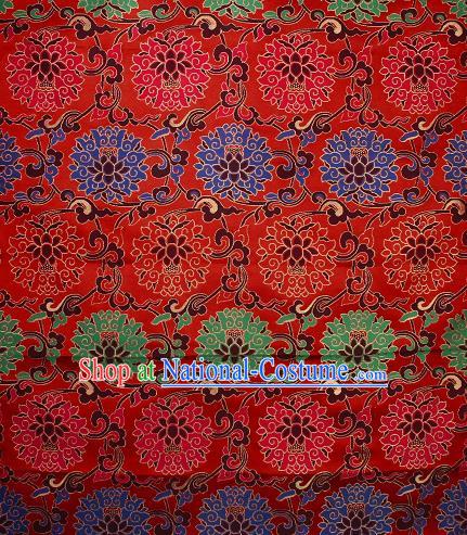 Asian Chinese Traditional Colorful Lotus Pattern Red Brocade Tibetan Robe Satin Fabric Silk Material