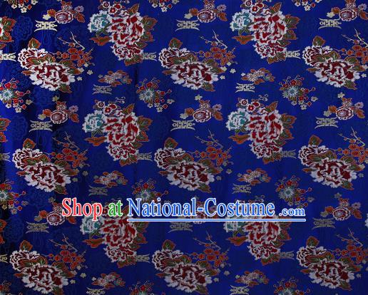 Asian Chinese Traditional Peony Plum Pattern Royalblue Brocade Tibetan Robe Satin Fabric Silk Material