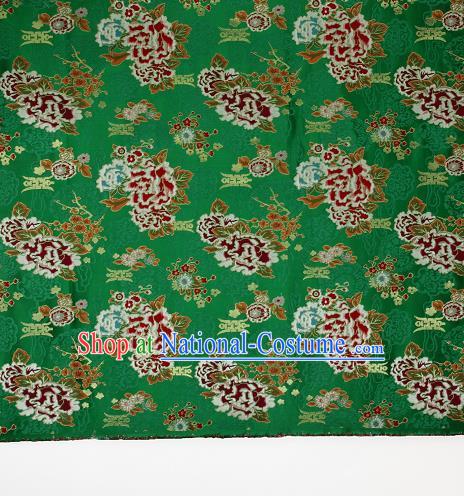 Asian Chinese Traditional Peony Plum Pattern Green Brocade Tibetan Robe Satin Fabric Silk Material