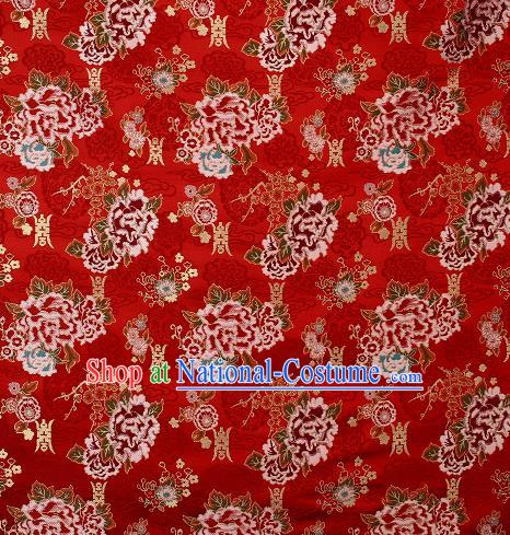 Asian Chinese Traditional Peony Plum Pattern Red Brocade Tibetan Robe Satin Fabric Silk Material