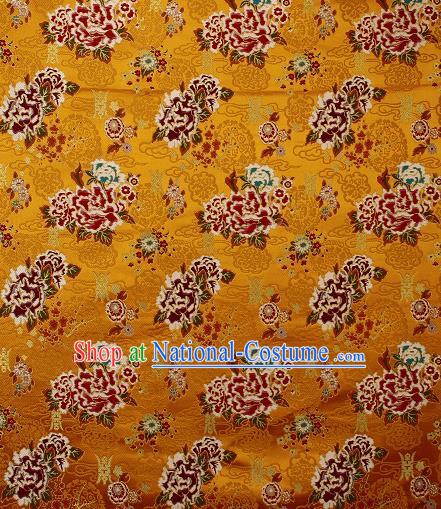 Asian Chinese Traditional Peony Plum Pattern Golden Brocade Tibetan Robe Satin Fabric Silk Material