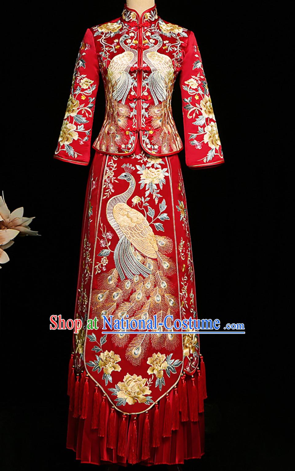 Top Red Tassels Chinese Classical Embroidered Phoenix Ancient Bride Wedding Dresses for Women