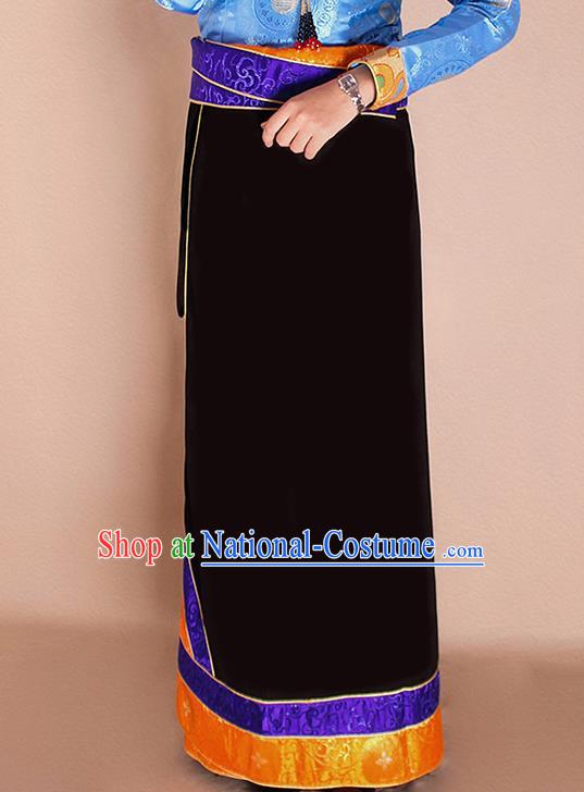 Traditional Chinese Zang Ethnic Black Bhutan Skirt Tibetan Minority Folk Dance Costume for Women