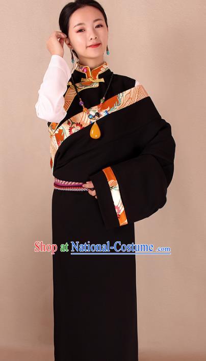 Traditional Chinese Zang Ethnic Black Kangba Robe Tibetan Minority Folk Dance Costume for Women