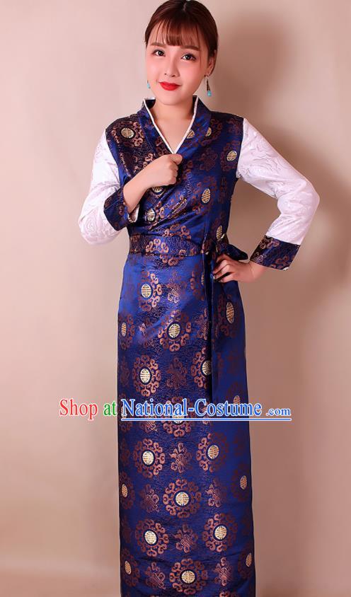 Traditional Chinese Zang Ethnic Royalblue Brocade Bora Dress Tibetan Minority Folk Dance Costume for Women