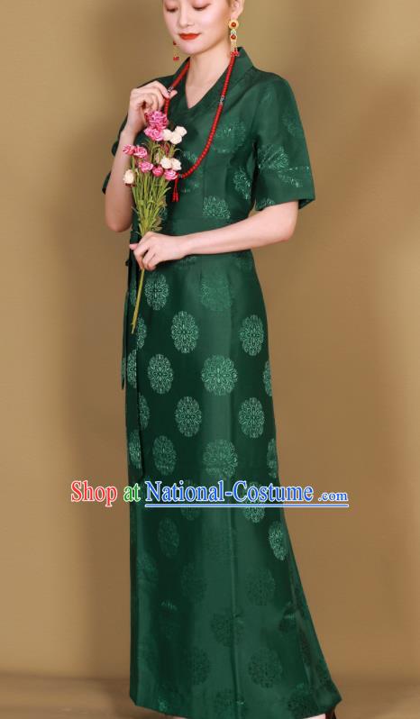 Traditional Chinese Zang Ethnic Green Guozhuang Dress Tibetan Minority Folk Dance Costume for Women