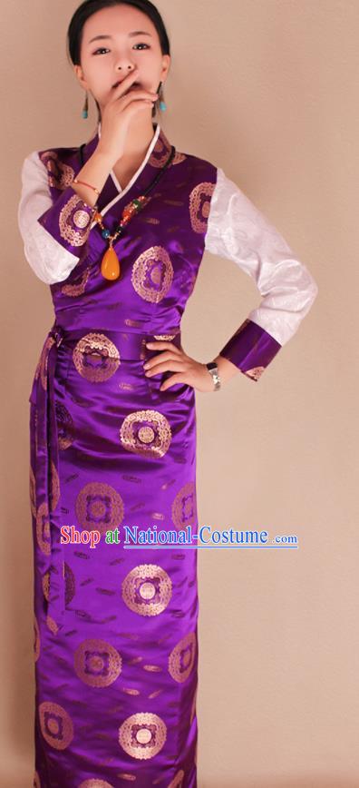 Traditional Chinese Zang Ethnic Kangba Purple Brocade Dress Tibetan Minority Folk Dance Costume for Women