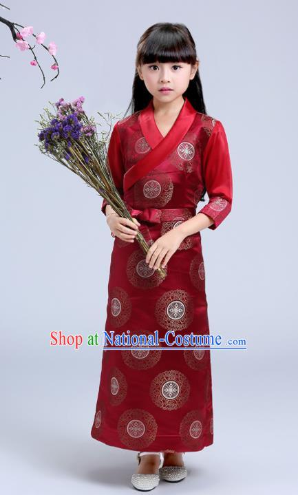 Traditional Chinese Zang Ethnic Girls Wine Red Dress Tibetan Minority Folk Dance Costume for Kids