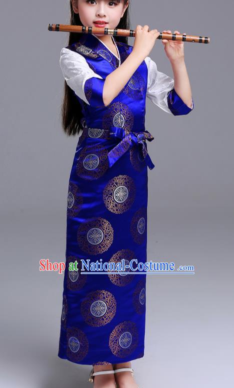 Traditional Chinese Zang Ethnic Girls Royalblue Dress Tibetan Minority Folk Dance Costume for Kids