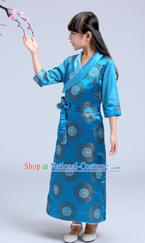 Traditional Chinese Zang Ethnic Girls Blue Dress Tibetan Minority Folk Dance Costume for Kids