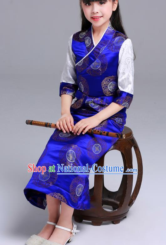 Traditional Chinese Zang Ethnic Girls Royalblue Dress Tibetan Minority Folk Dance Costume for Kids