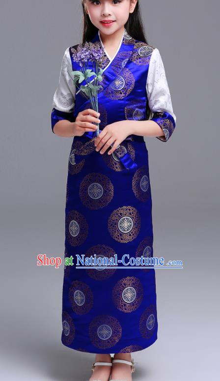 Traditional Chinese Zang Ethnic Girls Royalblue Dress Tibetan Minority Folk Dance Costume for Kids