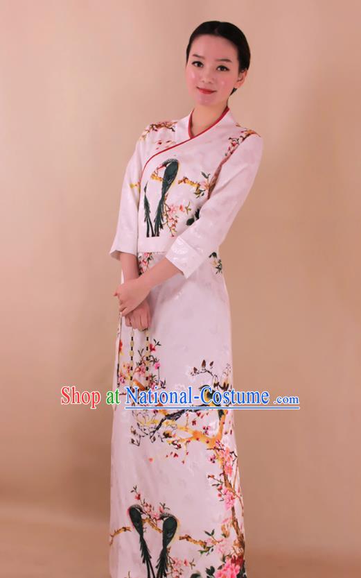 Traditional Chinese Zang Ethnic Printing White Dress Tibetan Minority Kangba Folk Dance Costume for Women