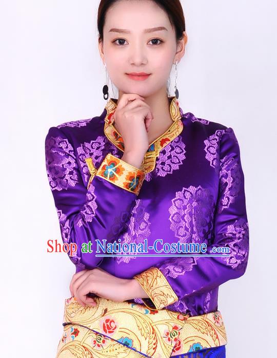 Traditional Chinese Zang Ethnic Purple Brocade Blouse Tibetan Minority Folk Dance Shirt Costume for Women