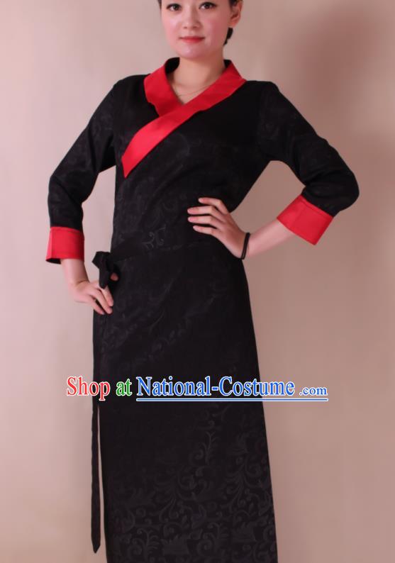 Traditional Chinese Zang Ethnic Folk Dance Black Dress Tibetan Minority Costume for Women