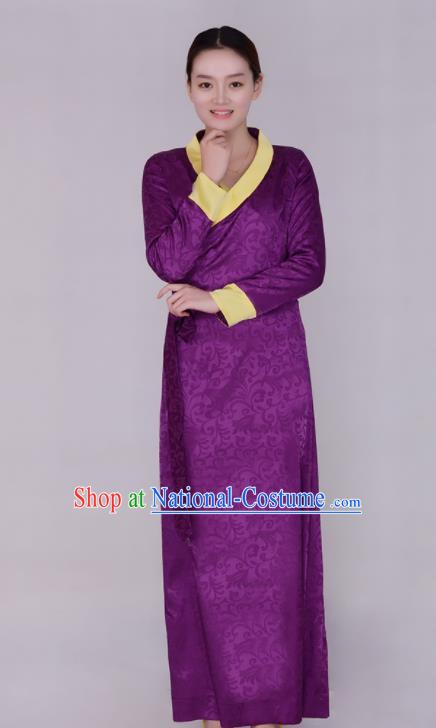 Traditional Chinese Zang Ethnic Folk Dance Purple Dress Tibetan Minority Costume for Women