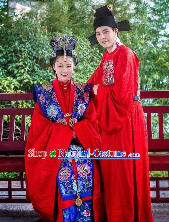 Traditional Chinese Ming Dynasty Wedding Hanfu Clothing Ancient Court Bride and Bridegroom Replica Costumes Complete Set