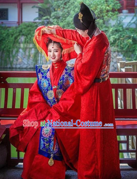 Traditional Chinese Ming Dynasty Wedding Hanfu Clothing Ancient Court Bride and Bridegroom Replica Costumes Complete Set