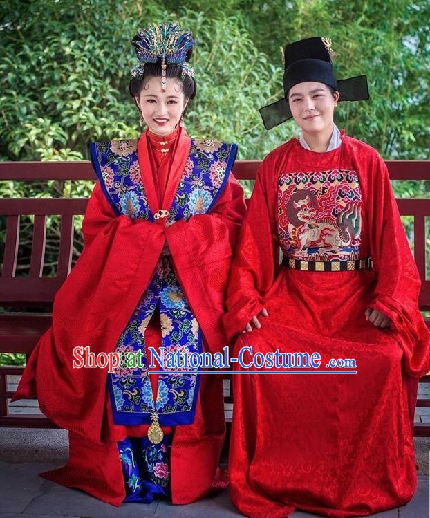 Traditional Chinese Ming Dynasty Wedding Hanfu Clothing Ancient Court Bride and Bridegroom Replica Costumes Complete Set