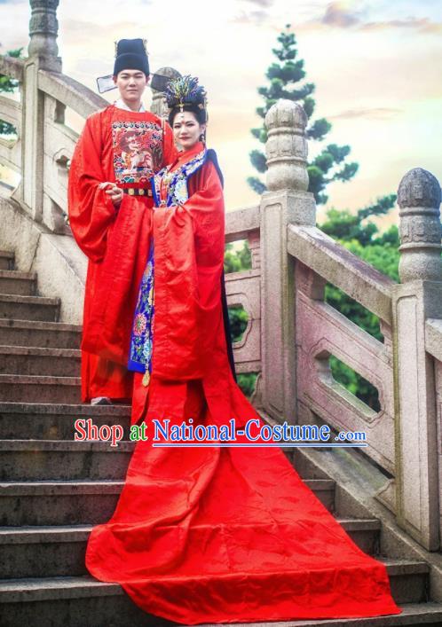 Traditional Chinese Ming Dynasty Wedding Hanfu Clothing Ancient Court Bride and Bridegroom Replica Costumes Complete Set