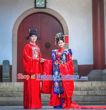 Traditional Chinese Ming Dynasty Wedding Hanfu Clothing Ancient Court Bride and Bridegroom Replica Costumes Complete Set