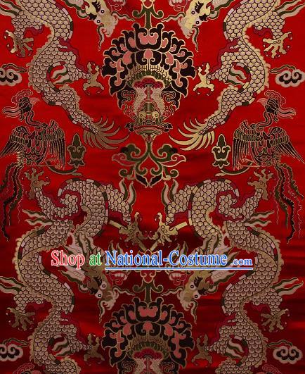 Asian Chinese Traditional Dragon Lotus Pattern Red Brocade Tibetan Robe Satin Fabric Silk Material