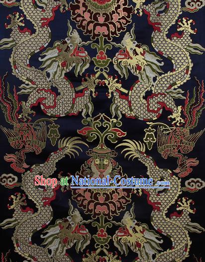 Asian Chinese Traditional Dragon Lotus Pattern Navy Brocade Tibetan Robe Satin Fabric Silk Material