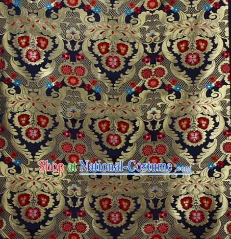 Asian Chinese Traditional Phoenix Galsang Flowers Pattern Navy Brocade Tibetan Robe Satin Fabric Silk Material